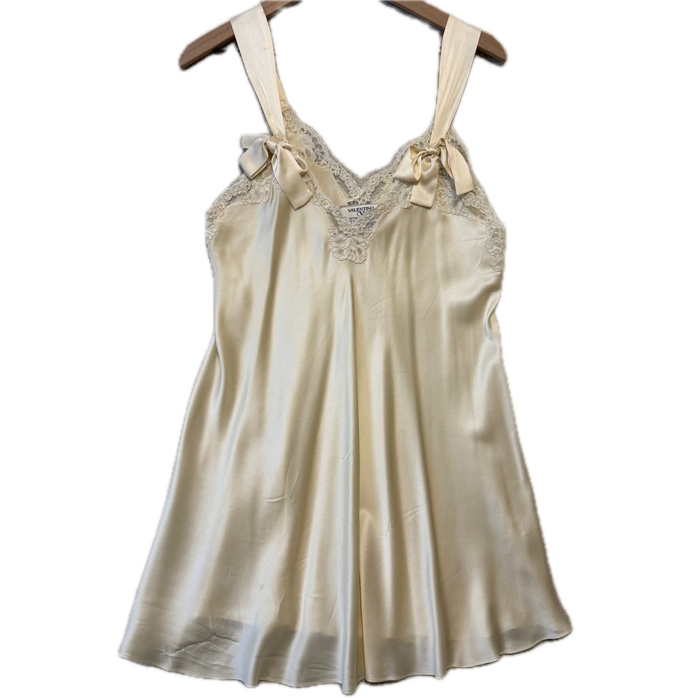 VALENTINO Intimo Couture Women's Medium Chemise Cream Silk Lace Bow Vintage